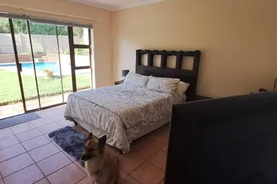 a dog standing in a bedroom with a bed at Somerset West Family home holiday rental in Cape Town