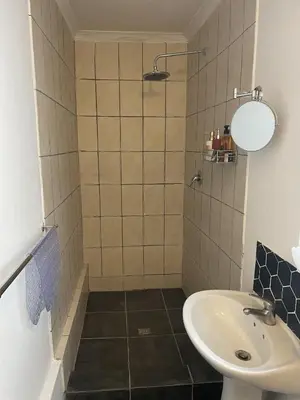 a small bathroom with a sink and a shower at Franschhoek Wine Tram Apartment in Franschhoek