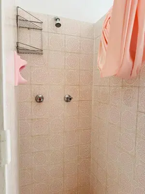 a bathroom with a shower with pink tile at Leisure Lodges Middle Room in Cape Town