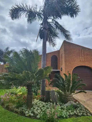 a palm tree in a garden in front of a building at Red Door Strand Guest house in Cape Town
