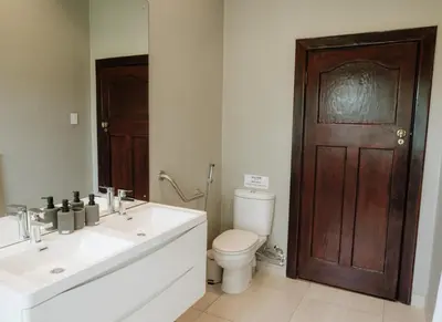 a bathroom with a toilet and a sink and a wooden door at 13 Olives, Entire Grape & Olive Estate, Somerset West by Euphoric Leisure in Sir Lowryʼs Pass