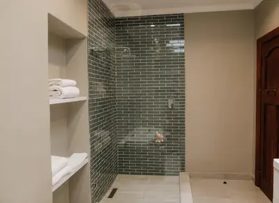 a bathroom with a shower with a black tile wall at 13 Olives, Entire Grape & Olive Estate, Somerset West by Euphoric Leisure in Sir Lowryʼs Pass