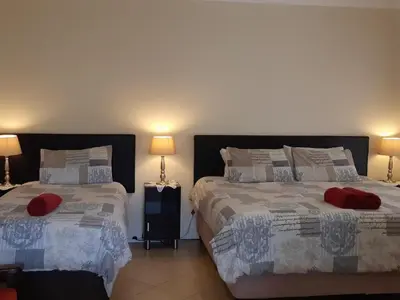 a bedroom with two beds with red pillows at Getaway Self-Catering Panorama in Panorama