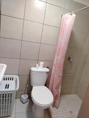 a bathroom with a toilet and a shower curtain at Rustig by die See in Bettyʼs Bay
