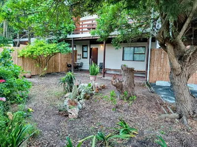a yard with a house with a tree and a fence at LAAT Slaap Self-Catering Accommodation in Kleinmond