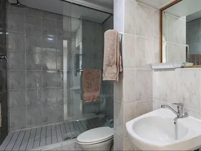 a bathroom with a shower and a toilet and a sink at Dolphin Delight in Bloubergstrand