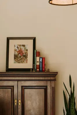 a picture on top of a cabinet with books on it at Mitre's Edge Simonsberg Studio in Klapmuts