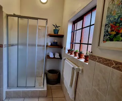 a bathroom with a shower with a glass door at The Sculpture Yard in Gordonʼs Bay