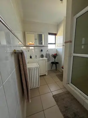 a bathroom with a walk in shower and a sink at Gordon's Bay Townhouse in Gordonʼs Bay