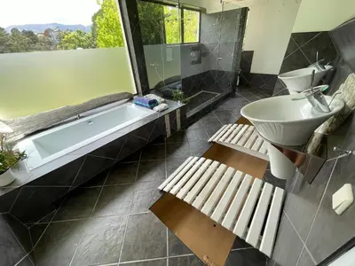 a bathroom with a tub and a sink and a toilet at Basco River Lodge Holiday Villa in Grabouw