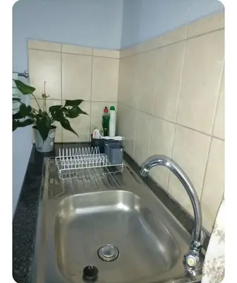 a kitchen sink with a faucet and a plant at Oakway Guest Suite in Cape Town