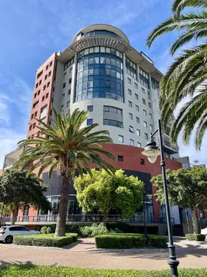 a tall building with a palm tree in front of it at Studio in the City in Cape Town