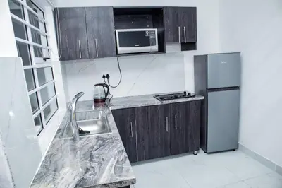 a small kitchen with a sink and a refrigerator at one bedroom apartment A1 in Cape Town