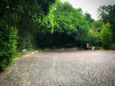 a brick parking lot with trees in the background at The Secret Room in Somerset West