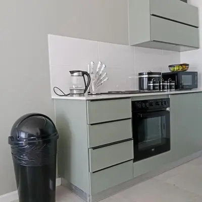 a kitchen with a stove and a trash can at The Cozy Nest in Cape Town