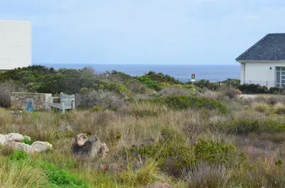 a house and a field of grass with the ocean at Otter Cottage in Pringle Bay in Pringle Bay