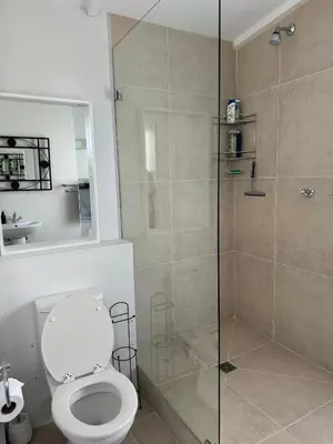 a bathroom with a toilet and a glass shower at Otter Cottage in Pringle Bay in Pringle Bay