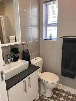 a bathroom with a white toilet and a sink at Cozy Cottage in Cape Town