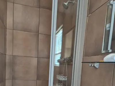 a bathroom with a shower with a mirror and a window at Afton Safari Lodge in Cape Town