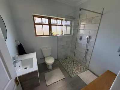a bathroom with a shower with a toilet and a sink at Cozy en-suite room in Wellington with own entrance in Wellington
