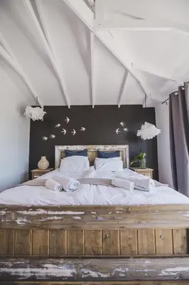 a bedroom with a large bed with birds on the wall at Surfers Lodge in Cape Town