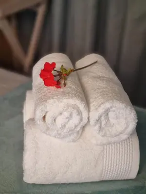 a white towel with a flower on top of it at UITZICHT STAY Durbanville Pet Friendly in Oakdale