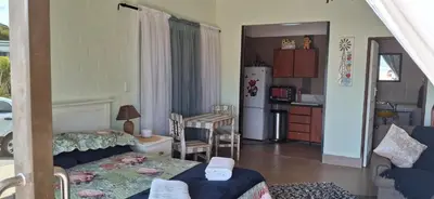 a living room with a bed and a kitchen at Arendsnest Self Catering in Gordonʼs Bay
