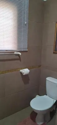 a bathroom with a white toilet and a window at Arendsnest Self Catering in Gordonʼs Bay
