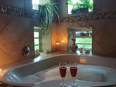 two glasses of wine in a bath tub at A Jungle House in Somerset West