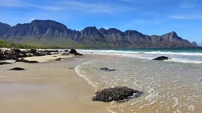 a beach with rocks and water with mountains in the background at View Panoramica Self-Catering Apartment in Gordonʼs Bay