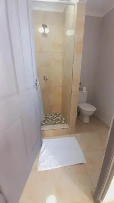 a shower with a glass door and a toilet at Zoe Apartment in Cape Town