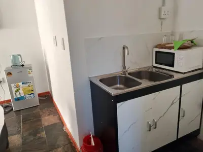 a kitchen with a sink and a microwave at Duminy Guest Lodge in Bellville