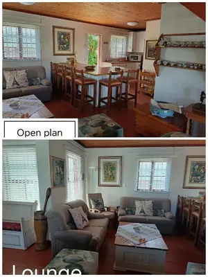 two pictures of a living room and an open plan at Hes Se Gang family home,in Vermont in Hermanus