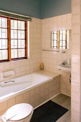 a bathroom with a tub and a toilet and a sink at Mountainside Beach House in Hermanus