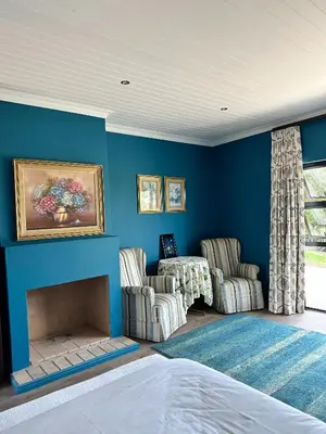 a blue room with two chairs and a fireplace at Blue Cottage, Elgin Grabouw in Grabouw