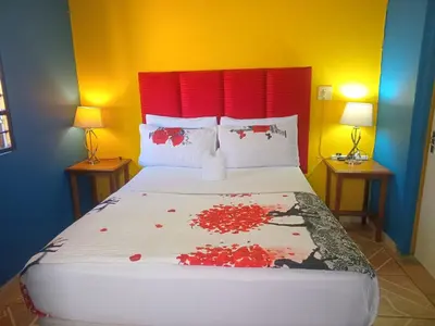 a bedroom with a large bed with a red headboard at Neo & Ruks rooms parow 2 in Avondale