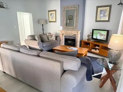 a living room with a couch and a fireplace at Lemon Tree Cottage a Charming 3 Bedroom Self-catering house in Franschhoek