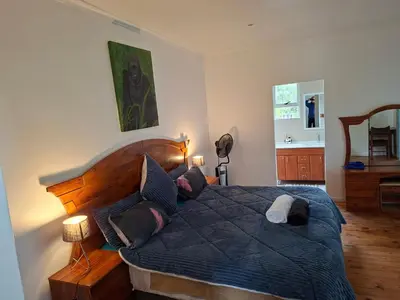 a bedroom with a large bed with a blue comforter at Leigh's home with dogs in Cape Town