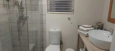 a bathroom with a toilet and a sink and a shower at Amanda's Place in Hermanus