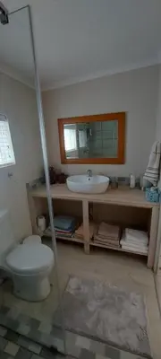 a bathroom with a sink and a toilet and a mirror at Amanda's Place in Hermanus