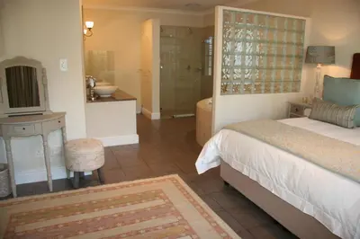 a bedroom with a bed and a bathroom with a shower at Cape Robin Cottage in Franschhoek