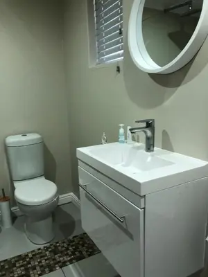 a bathroom with a toilet and a sink and a mirror at Three on Firmount in Somerset West