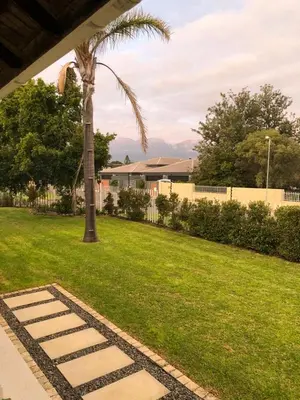 a lawn with a palm tree in a yard at Three on Firmount in Somerset West