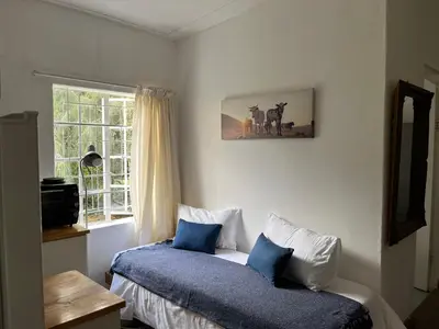 a bedroom with a bed with blue pillows and a window at William's Cottage in Franschhoek