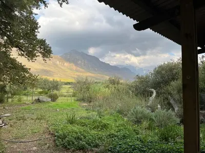 a view of a field with a mountain in the background at William's Cottage in Franschhoek