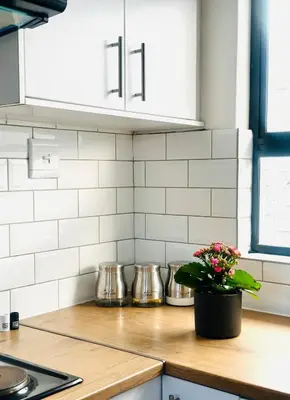 a kitchen with white cabinets and a potted plant on a counter at Lalla Cottages - Cape Town in Cape Town
