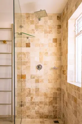a bathroom with a shower with a glass door at Mimosa Voelklip Retreat in Hermanus