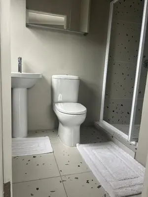 a bathroom with a toilet and a sink and a shower at 16Park in Stikland