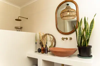 a bathroom sink with a mirror and a plant at Little Villa by Ideas Cartel in Hermanus