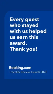 a blue picture with the words every guest who stayed with us helped us earn this at A gorgeous apartment with a pool view at Goedehoop, Strand, Western Cape in Strand